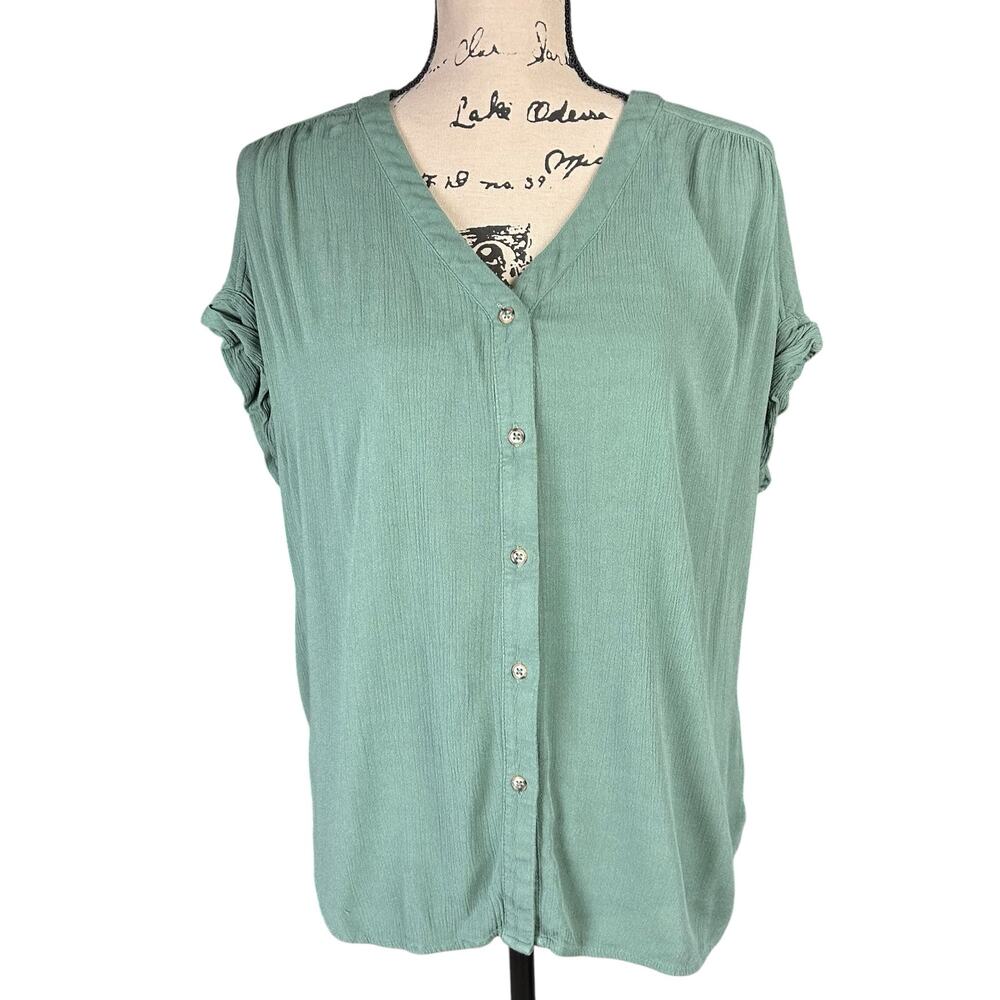 Orvis Short Sleeve Blouse Women Small Olive Green Gauzy Minimalist Button Up Top